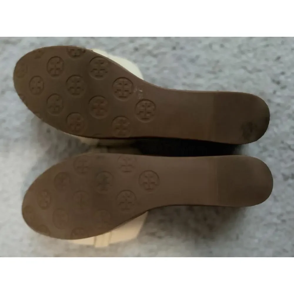 Tory Burch Miller Leather Laser Cut Logo Wedge Heel Slide Sandals Cream Size 8